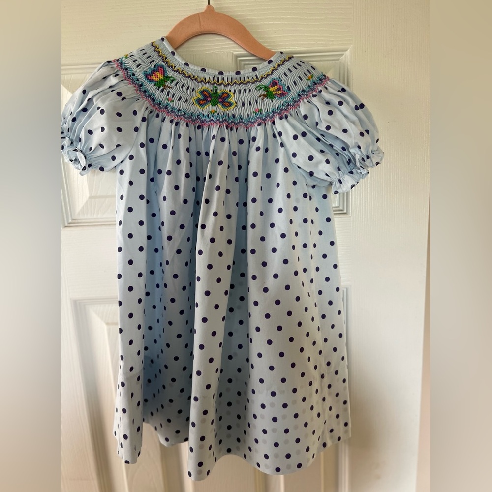 Rosalina butterfly smocked dress blue with purple polka dots 12m